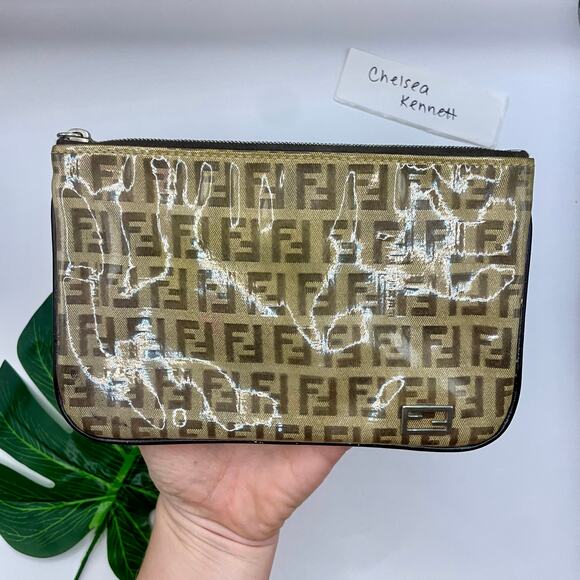Fendi Zucca Monogram PVC Pouch Wallet Clutch Bag Cometic Toiletry F Logo Print - Picture 2 of 11